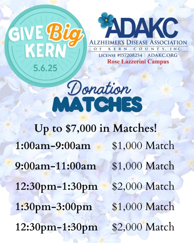 Are you ready for Give Big Kern? Starting tomorrow, it's the official giving day for Kern County! ADAKC has received some generous matching opportunities, totaling up to $7,000! Want to make your donation go further? Be sure to contribute a minimum of $20 during these times: 

🕔 5:00 am - 9:00 am 
🕘 9:00 am - 11:00 am 
🕛 12:30 pm - 1:30 pm 
🕑 1:30 pm - 3:00 pm 
🕠 5:30 pm - 6:30 pm